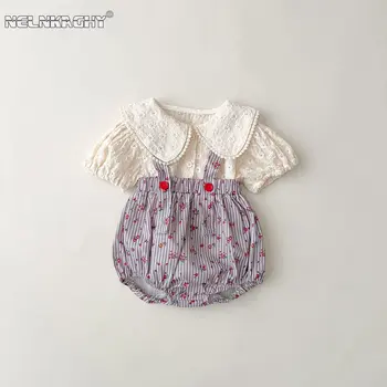 Новинка лета, футболки с короткими рукавами из жаккардовой ткани для новорожденных девочек + Боди с цветочным ремешком, хлопковая одежда для младенцев