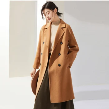 Новое твидовое пальто из 100% шерсти, двустороннее женское пальто 2022, осенне-зимняя свободная Удобная двубортная куртка средней длины, топ