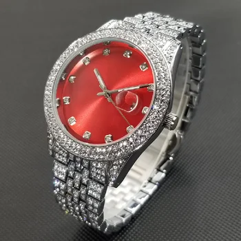 Новые Женские часы с бриллиантами в стиле хип-хоп, Муассанит, Роскошные Модные Кварцевые часы с красным Циферблатом, Винтажные, покрытые льдом, Большие Размеры, Relogio Feminino
