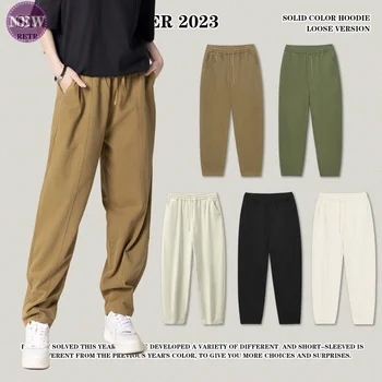 Новые свободные брюки с прямыми штанинами, весна-лето 2023, тканые однотонные брюки, хлопковые модные брендовые повседневные брюки для мужчин и женщин