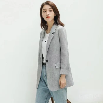 Новый женский костюм, модный топ, Корейский весенний свободный карман, женское элегантное пальто на одной пуговице, простое пальто с длинным рукавом