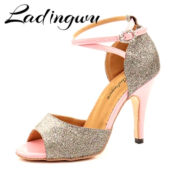 Обувь для танцев танго Ladingwu, розовые туфли из искусственной кожи и серые блестящие туфли для латиноамериканских танцев для женщин, обувь для танцев Сальсы, уличные танцевальные сандалии