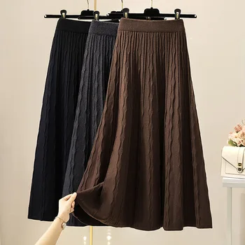 Однотонная юбка средней длины, весна и осень, тонкая трикотажная юбка с высокой талией, зимняя юбка 