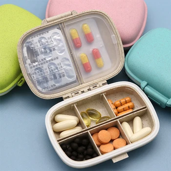 Органайзер для таблеток на 8 сеток, дорожная коробочка для таблеток с герметичным кольцом, маленькая коробочка для таблеток, коробка-органайзер для лекарств из пшеничной соломы