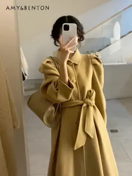 Пальто с длинным рукавом в стиле Хепберн High Sense Design Sense Нишевое Длинное Желтое Шерстяное Пальто для Женщин на Осень и Зиму