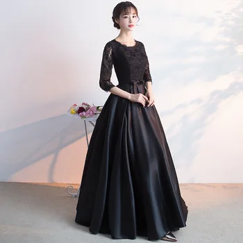 Платья, праздничное черное платье для ужина, вечернее платье с цветочным рисунком и длинным рукавом H223