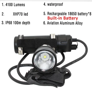Подводный светодиодный фонарик для дайвинга XHP70 со встроенным аккумулятором, водонепроницаемый светодиодный фонарь для подводного плавания, лампа для подводного плавания