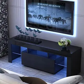 Подставка для телевизора со светодиодной подсветкой, развлекательный центр с выдвижным ящиком для телевизора диагональю 55-60 дюймов, современный глянцевый телевизионный консольный шкаф с 2 стеклянными открытыми дверцами
