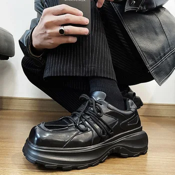 Полностью черные молодежные мужские туфли на толстой платформе на шнуровке, модные уличные туфли на толстой подошве, увеличивающие рост, классные
