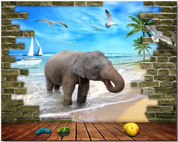 пользовательские фотообои 3D обои сломанная стена морской пляж пальма обои в виде слона для стен в рулонах домашний декор гостиная