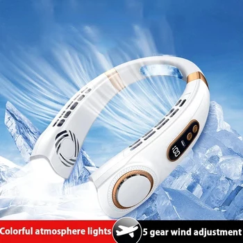 Портативный Шейный Вентилятор USB Handheld Mute LED Digital Display Безлистный Мини-Электрический Вентилятор Красочные Атмосферные Огни 5th Gear Cooler
