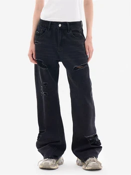 ПРОЩЕНИЕ Свободного застиранного кроя, Асимметричные расклешенные Черные прямые джинсы Унисекс