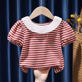 Пуловер из чистого хлопка с круглым вырезом и оборками в стиле пэчворк, летняя модная футболка в полоску с коротким рукавом, плиссированная футболка для девочек