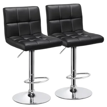 Регулируемый Современный барный стул из искусственной кожи со средней спинкой, комплект из 2 предметов, черный