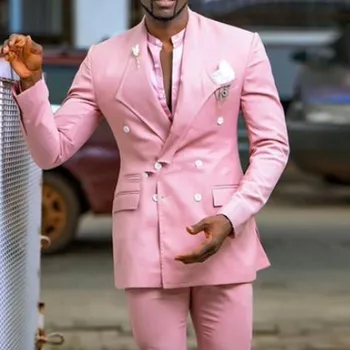 Розовые приталенные мужские костюмы для выпускного вечера с двубортным отворотом из 2 предметов, изготовленные на заказ для Жениха, Модные брюки для костюмов в африканском стиле