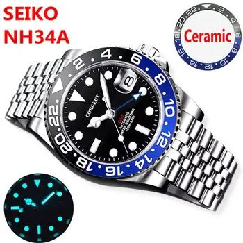 роскошные мужские часы с механизмом NH34 GMT 10 бар Черный циферблат Сапфировое стекло Юбилейный ремешок Автоматические часы для мужчин relogio masculino