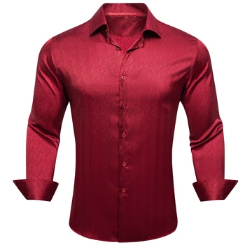 Роскошные Шелковые рубашки с длинным рукавом для мужчин, атласные мерсеризованные красные однотонные облегающие обычные блузки, повседневные топы Barry Wang