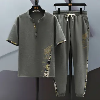 Рубашки + Брюки, летняя спортивная одежда в китайском стиле с эластичной резинкой на талии, Мужские повседневные комплекты, Мужские Модные брюки и рубашка, мужской размер M-4XL TZ05