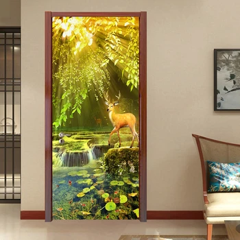 Самоклеящаяся Дверная Наклейка 3D Лесные Водопады Олень Настенные Обои Гостиная Спальня Настенная Наклейка Домашний Декор 3D Дверные Плакаты
