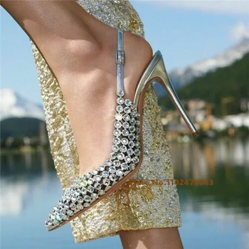Сандалии с ремешком сзади и кристаллами, Серебристые женские Босоножки с острым носком, Однотонные Босоножки без застежки на тонком высоком каблуке, Вечерние Модельные туфли