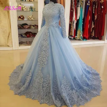 Светло-голубые вечерние платья с высоким воротом и длинными рукавами 2020, Винтажное кружевное платье для выпускного вечера в арабском мусульманском стиле с аппликацией, Вечерние платья для вечеринок