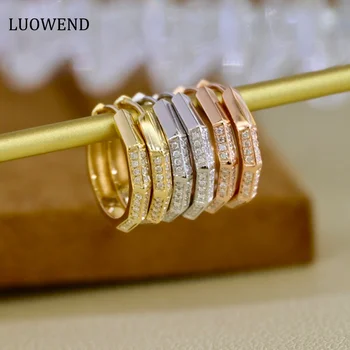 Серьги LUOWEND из белого, розового или желтого золота 18 Карат, модные серьги-кольца с настоящими натуральными бриллиантами многоугольной формы для женщин, вечерние