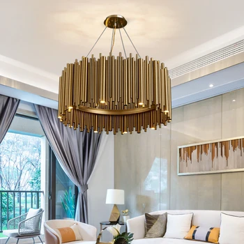 Современная роскошная золотистая люстра из нержавеющей стали, круглая люстра для гостиной, светодиодный светильник для дома