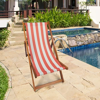 [Срочная распродажа] Складной Шезлонг Populus Wood Sling Chair для помещений / Улицы в Оранжевую / Синюю полоску Идеально подходит для пляжа / бассейна / Патио