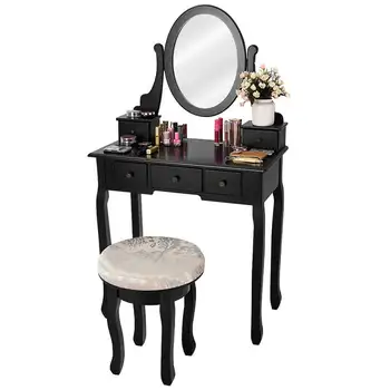 Столик для макияжа, Набор туалетных столиков, Мягкий табурет, Зеркало с 5 выдвижными ящиками