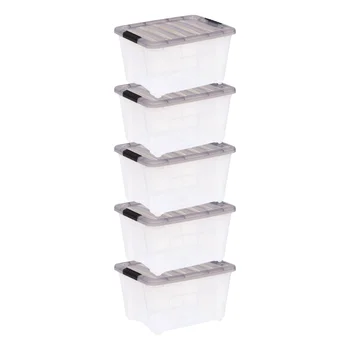 США, Прозрачная пластиковая коробка для хранения Stack & Pull™ объемом 32 литра с пряжками, серая, Набор из 5 штук