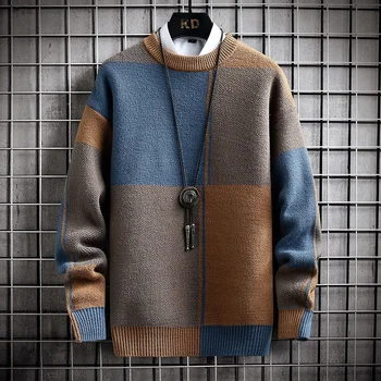 Теплый свитер с цветным блокированием, Наполовину высокий воротник, Высокое качество, Мужской Весенне-Осенний Тонкий Корейский Пуловер свободной Вязки с длинным рукавом