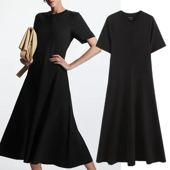 Увядшие француженки, Длинное платье из чистого хлопка с круглым вырезом, Вязаное Длинное платье Для женщин, Модное Элегантное Тонкое черное платье с коротким рукавом