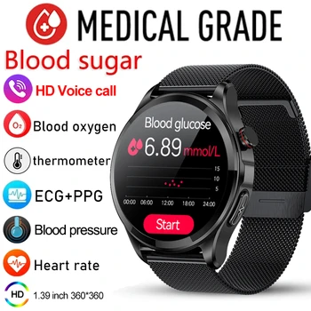 Умные часы для мужчин со здоровой температурой тела, Bluetooth-вызов, 360 * 360 HD Экран, Спортивные умные часы с сердечным ритмом, уровнем сахара в крови для Apple