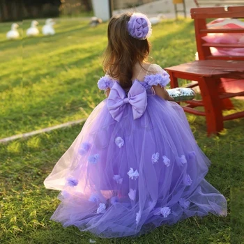 Фиолетовое модное платье с цветочным узором для девочек, платья для свадебной вечеринки с бантом, 3D иллюзия цветов, детские костюмы на День рождения, первое общение