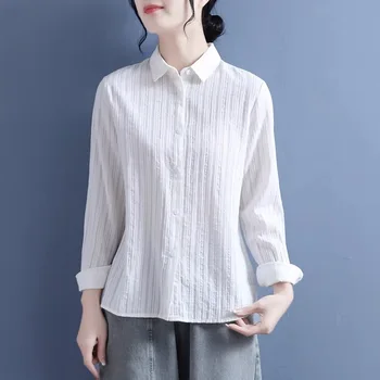 Хлопковая блузка Женские Топы с длинными рукавами в белую полоску 2023, Новая летняя корейская модная рубашка, однотонные повседневные женские рубашки