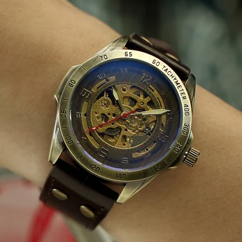 Часы SHENHUA Мужские Наручные часы в Ретро-бронзовом корпусе, Мужские Автоматические механические Часы со Скелетом, Винтажные наручные часы Relogio Masculino