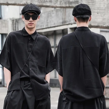 Черные мужские рубашки в японском стиле, Мешковатый топ, блузка в стиле Самурай Харадзюку, Модная уличная мужская сорочка для подиума, вечеринки, ночного клуба
