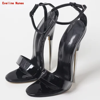 Черные сандалии с ремешком на щиколотке и пряжкой, Лето 2022, Однотонный суперметаллический тонкий каблук с круглым носком, Новое поступление, Модные вечерние туфли для женщин