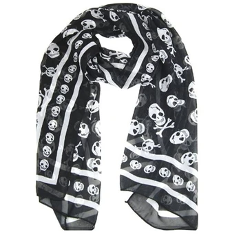 Черный шифоновый шелковый шарф с принтом Черепа, модный длинный шарф, шаль, обертывание для женщин