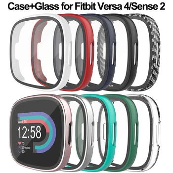 Чехол + Стекло для Fitbit Versa 4 PC с Полным покрытием, Защитная пленка для экрана для Fitbit Sense 2 Versa 4, Защитный чехол, Аксессуары для Умных Часов
