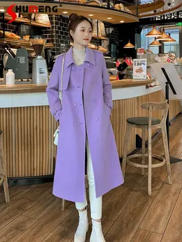 Шерстяное пальто Нежно-фиолетового цвета в Корейском стиле, Женское Новое пальто с длинным рукавом, Осенне-зимнее высококачественное шерстяное пальто средней длины