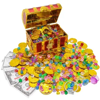 Шкатулка с сокровищами, Золотые монеты, Поддельная Шкатулка с Сокровищами Для детей С Драгоценными камнями, Золотые монеты, Ювелирный игровой набор, Пиратская ролевая игра, Охота за сокровищами