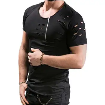 № 2 A1508, Мужская футболка, приталенный мышечный Топ с круглым вырезом, Новая модная Летняя Повседневная футболка с дырками, короткий рукав, Мужская одежда